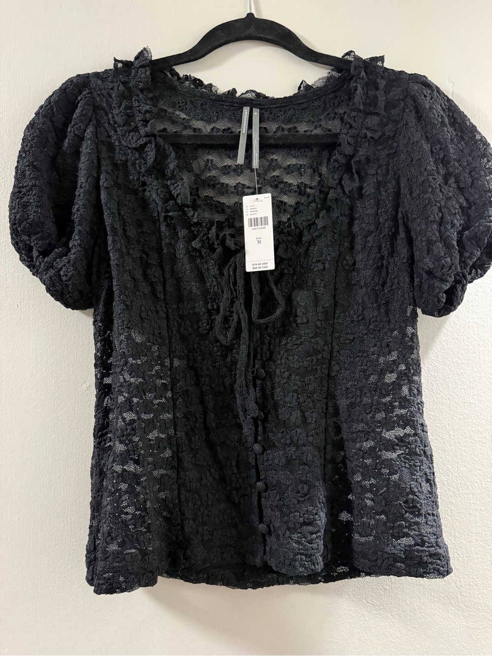 Anthropologie Black Lace Tie-Neck Puff Sleeve Blouse